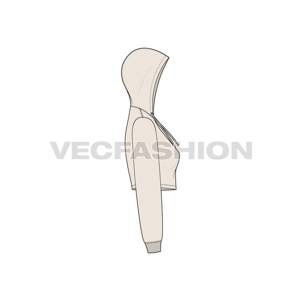 Womens basic crop hoodie flat sketch, side view