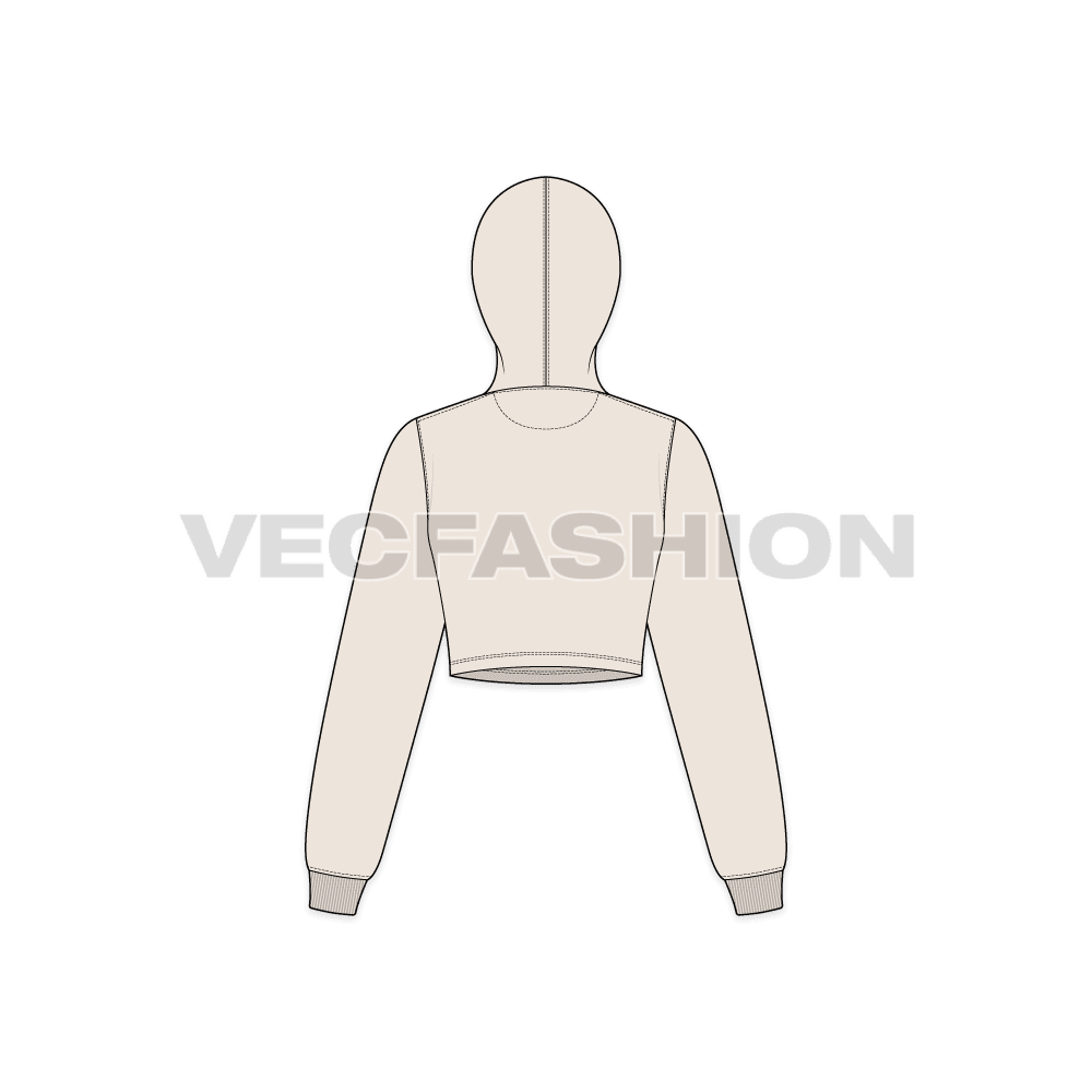Womens basic crop hoodie flat sketch, back view