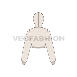 A vector illustrator sketch template of Women's Basic Crop Hoodie. It is illustrated with Front, Side and Back view. It is a pullover hoodie and have ribbed cuffs on sleeves.