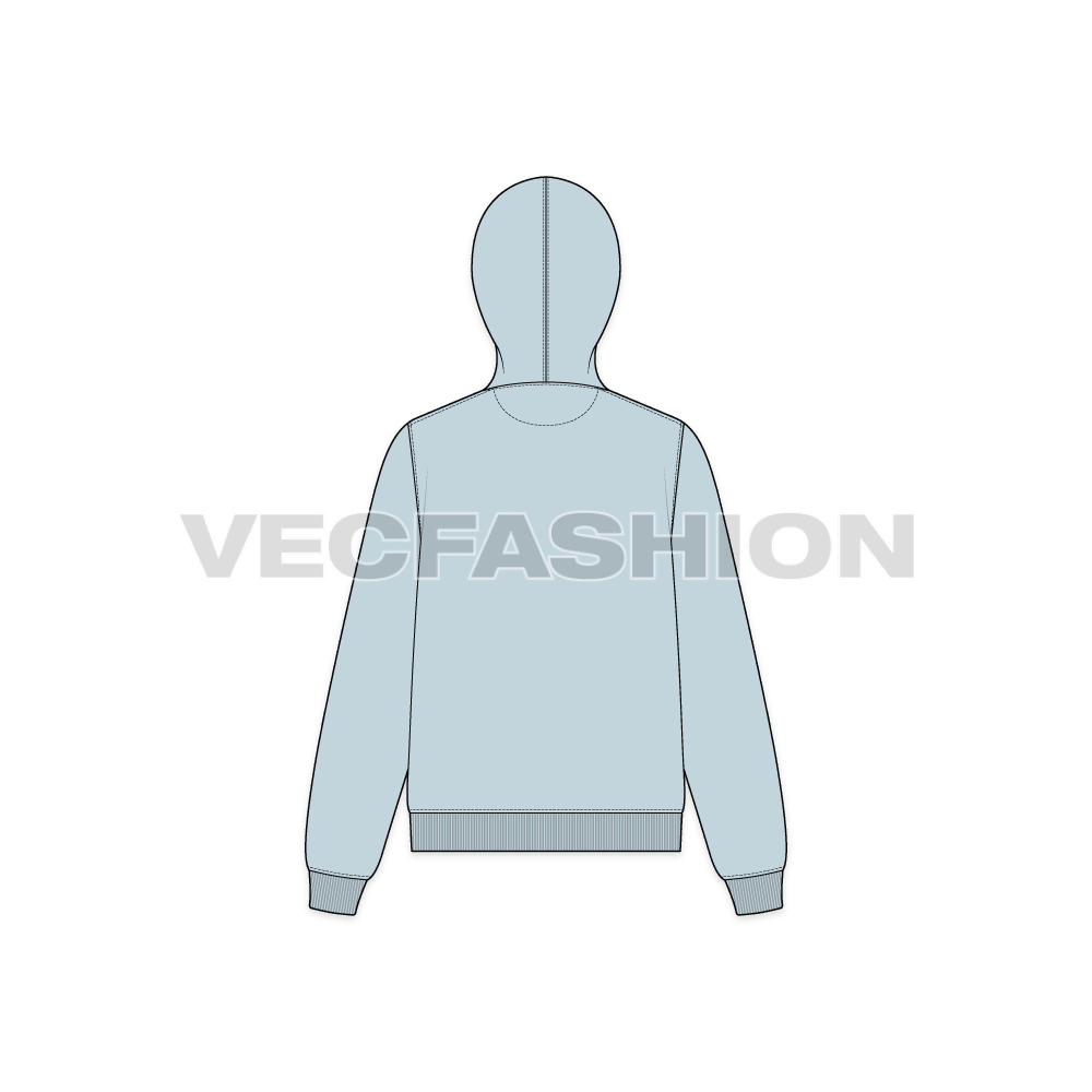 Womens basic front open hoodie flat sketch, back view