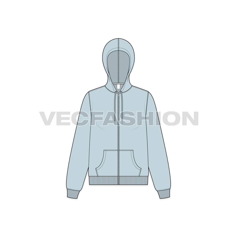 Womens basic front open hoodie flat sketch, front view