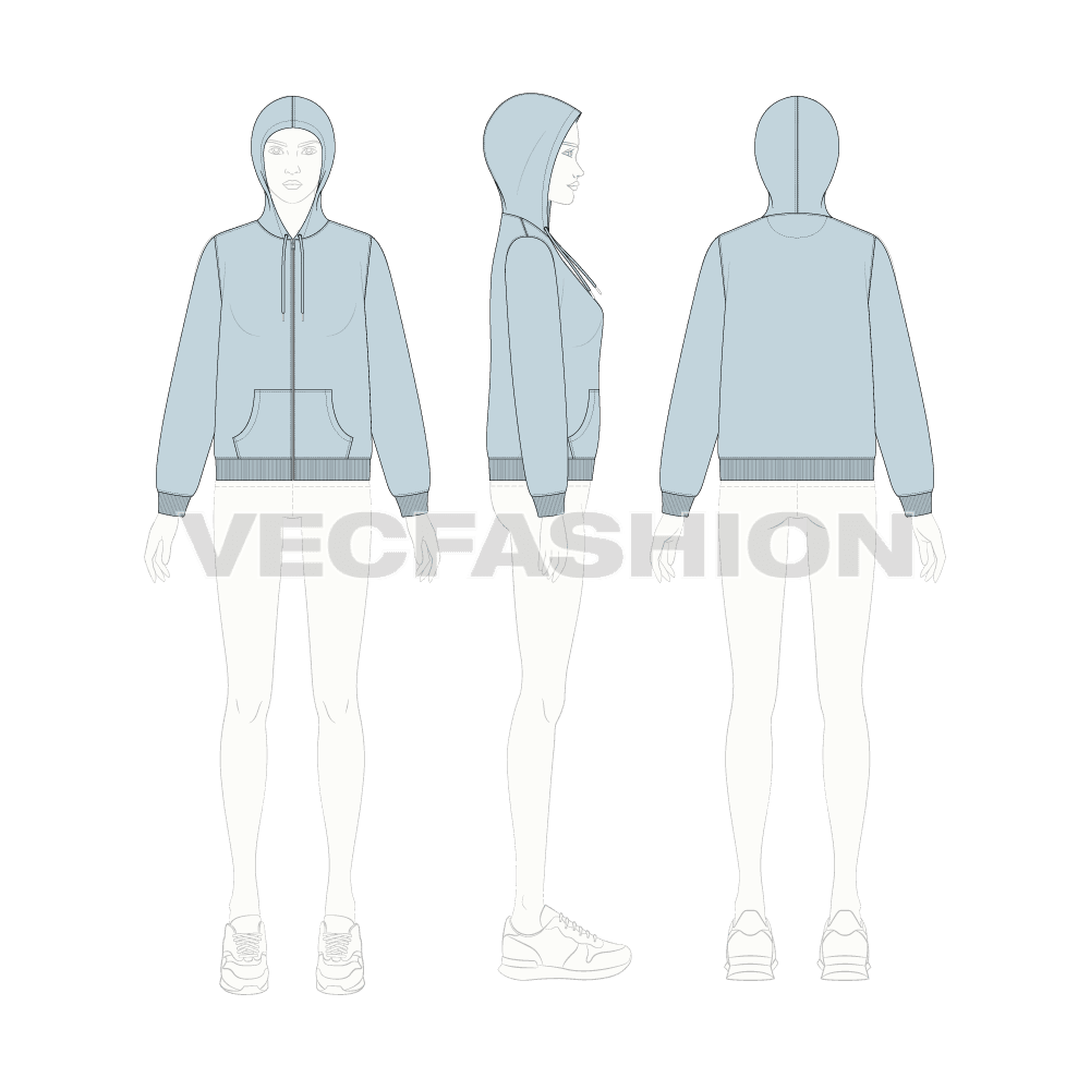 Womens basic front open hoodie flat sketch, croqui sketch