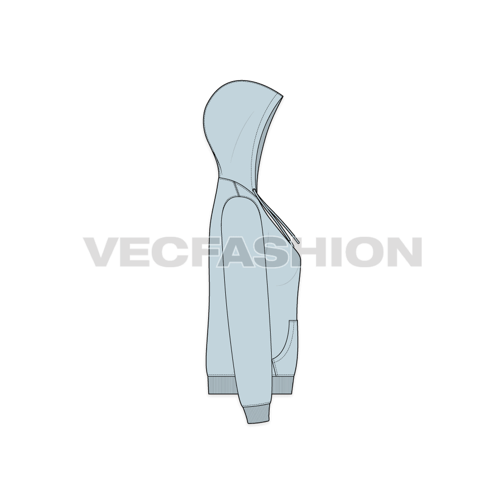 Womens basic front open hoodie flat sketch, side view