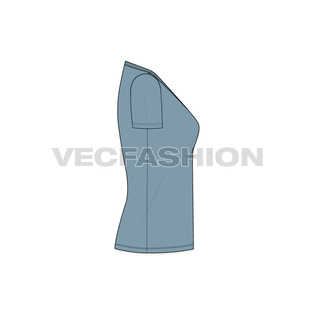 Womens basic long v-neck t-shirt flat sketch, side view