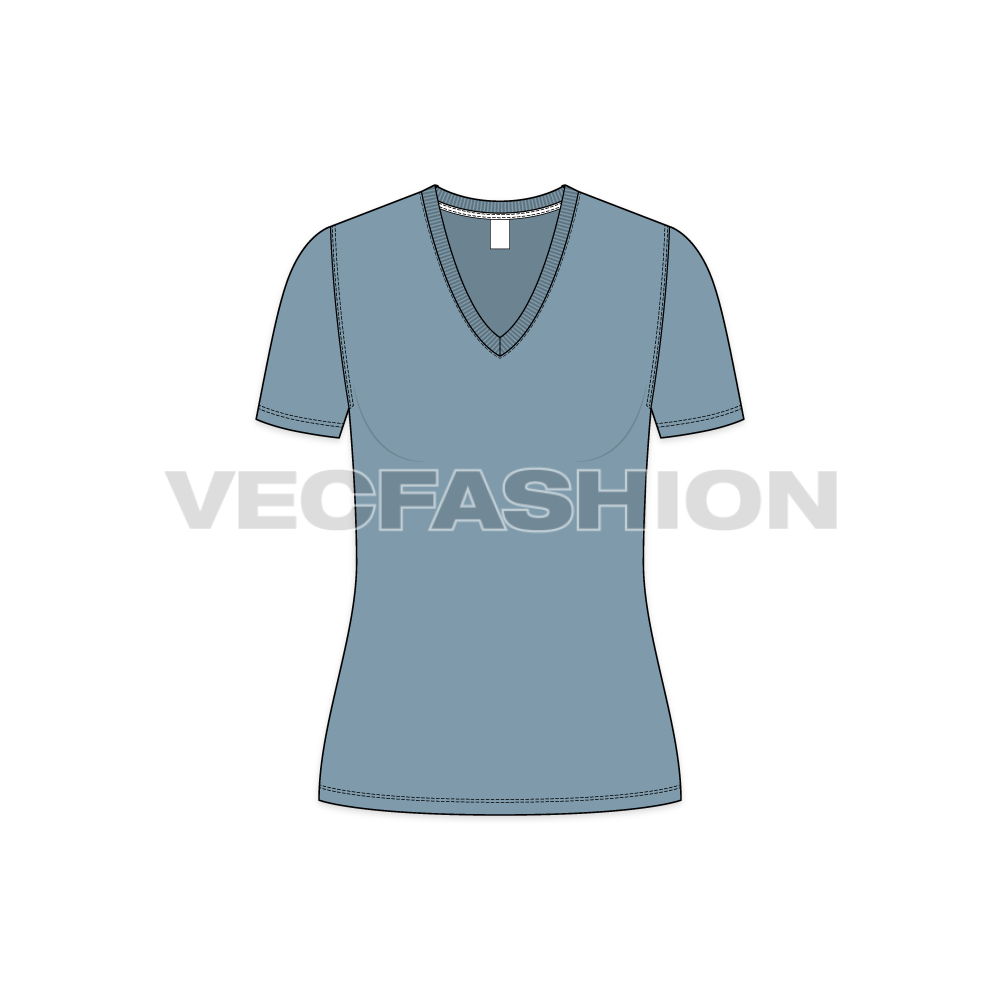 Womens basic long v-neck t-shirt flat sketch, front view