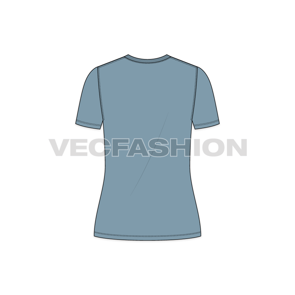Womens basic long v-neck t-shirt flat sketch, back view
