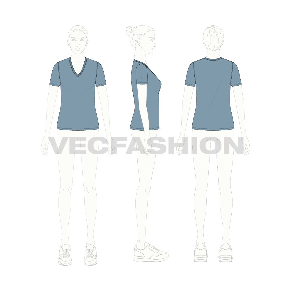 Womens basic long v-neck t-shirt flat sketch, croqui sketch