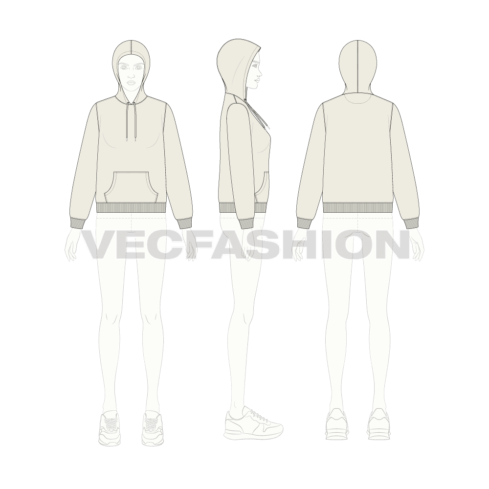 Womens basic pullover hoodie flat sketch, croqui sketch