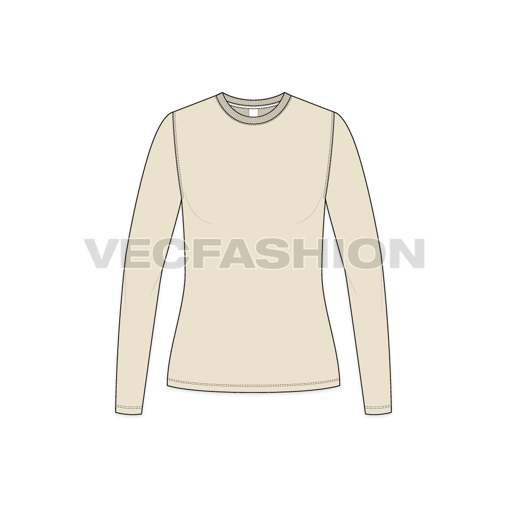 Womens basic round neck shirt flat sketch, front view