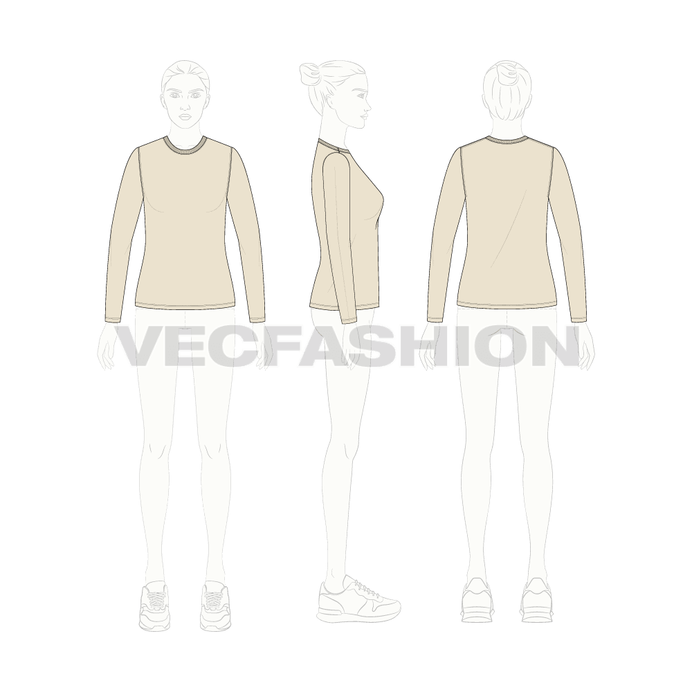 Womens basic round neck shirt flat sketch, croqui sketch
