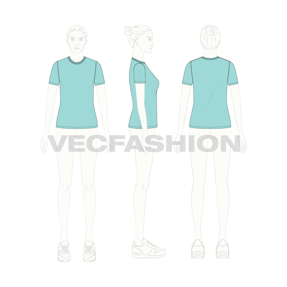 Womens basic round neck t-shirt flat sketch, croqui sketch