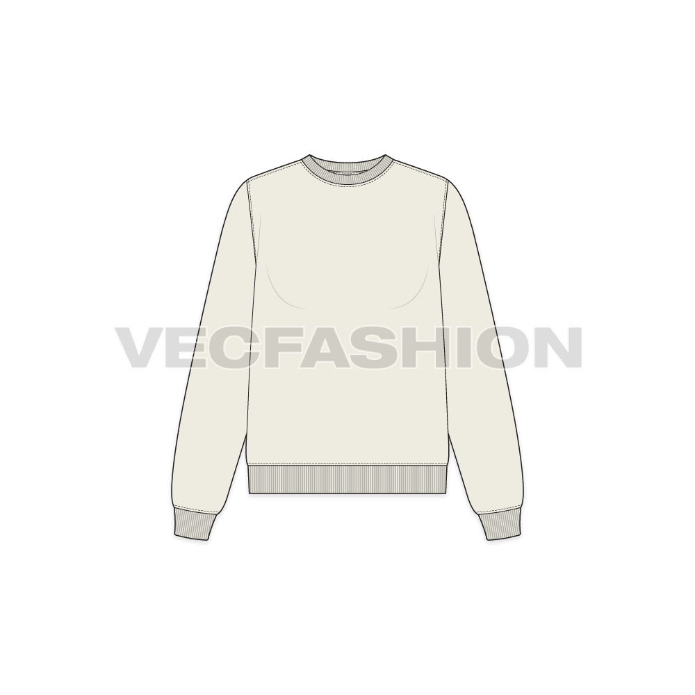 A vector illustrator sketch template of Women's Basic Sweatshirt. It is illustrated with Front, Side and Back view. It has rib on neck, sleeve cuffs and bottom hem