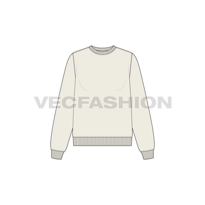 A vector illustrator sketch template of Women's Basic Sweatshirt. It is illustrated with Front, Side and Back view. It has rib on neck, sleeve cuffs and bottom hem