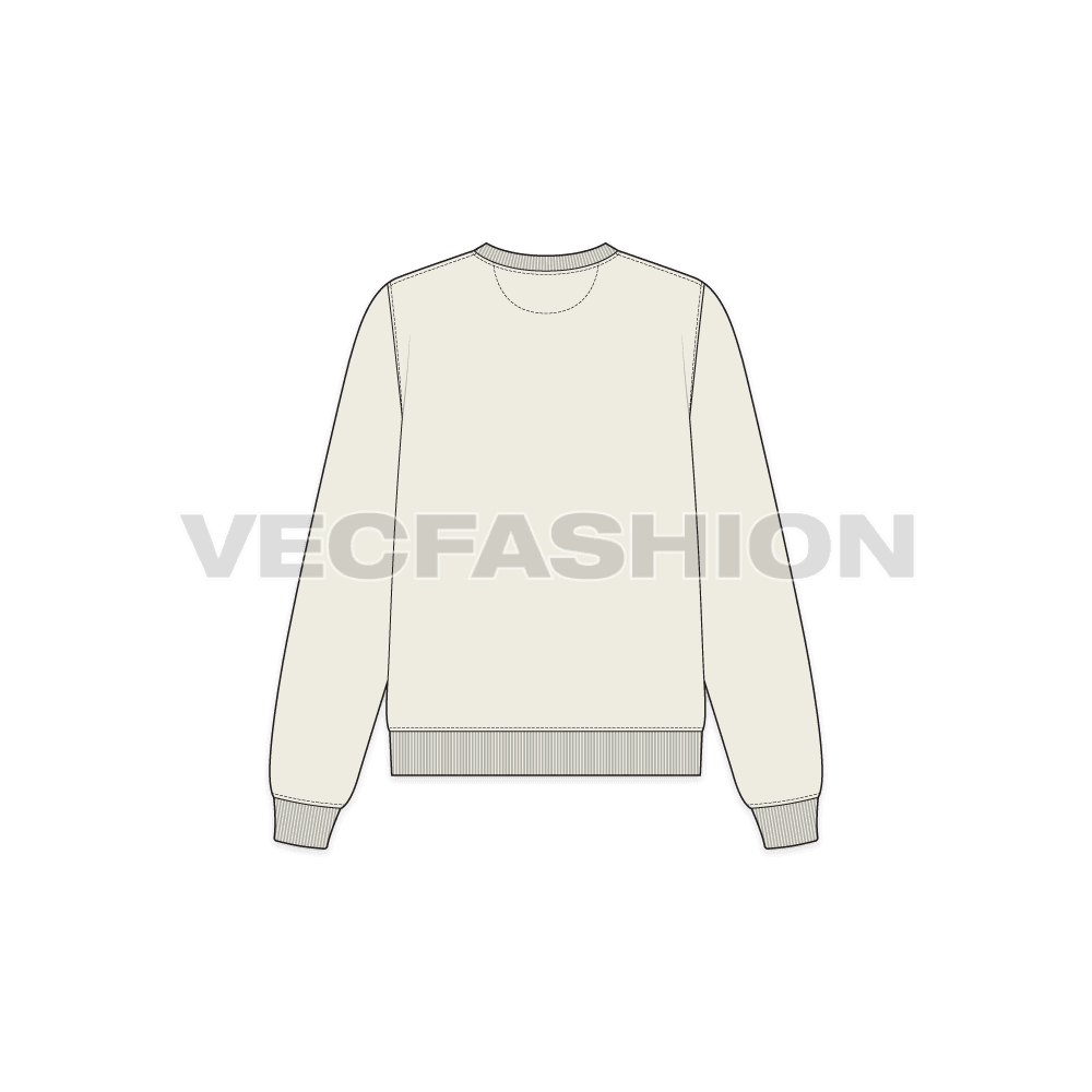 A vector illustrator sketch template of Women's Basic Sweatshirt. It is illustrated with Front, Side and Back view. It has rib on neck, sleeve cuffs and bottom hem