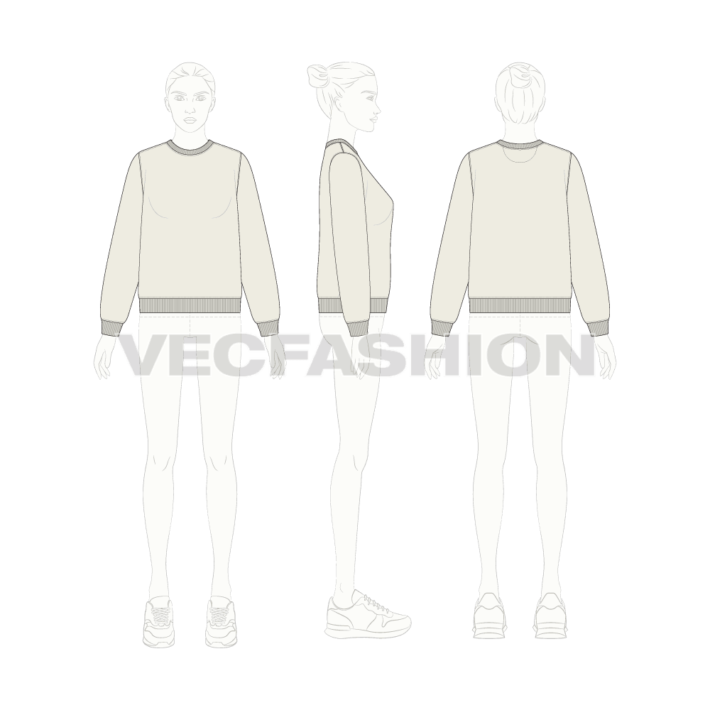 Womens basic sweatshirt flat sketch, croqui sketch