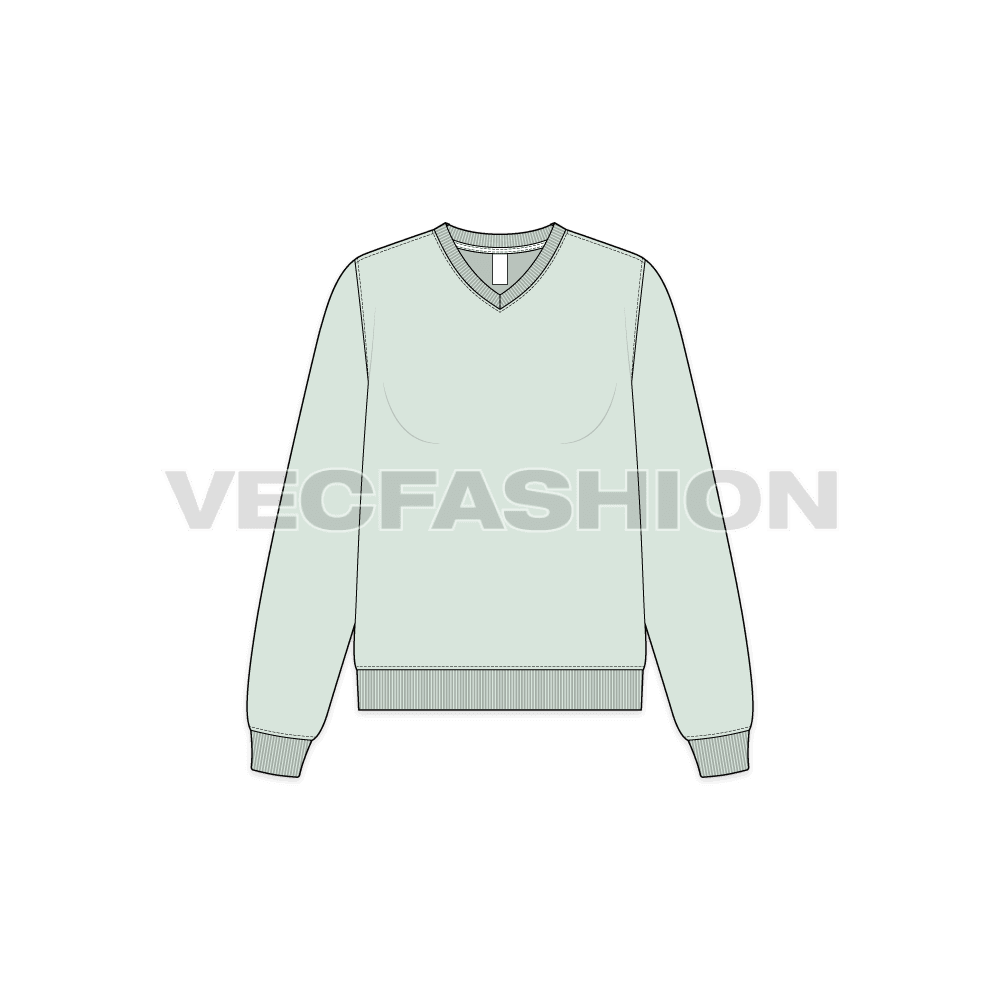 A vector illustrator sketch template of Womens Basic V-neck Sweatshirt. It is illustrated with Front, Side and Back view. It has rib on neck, sleeve cuffs and bottom hem.