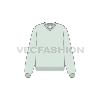 A vector illustrator sketch template of Womens Basic V-neck Sweatshirt. It is illustrated with Front, Side and Back view. It has rib on neck, sleeve cuffs and bottom hem.