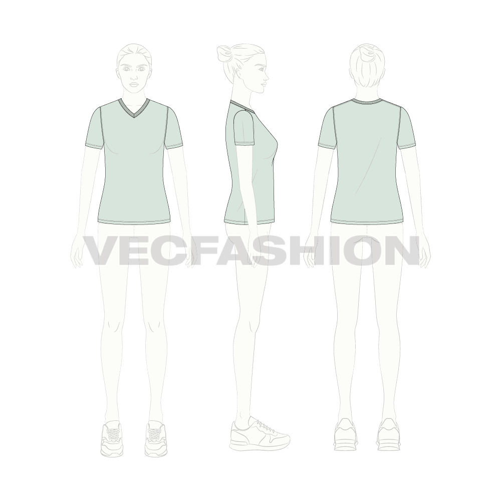 Womens basic v-neck t-shirt flat sketch, croqui sketch