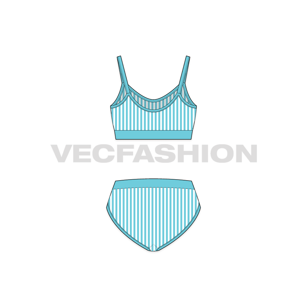A vector template for Women's Beach Bikini Set. It is a two pieces fashion flat drawing of a Beach bikini with Swimming Trunks. It is rendered with stripes and branded band at the waist.