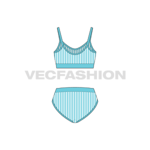 A vector template for Women's Beach Bikini Set. It is a two pieces fashion flat drawing of a Beach bikini with Swimming Trunks. It is rendered with stripes and branded band at the waist.