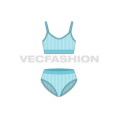 A vector template for Women's Beach Bikini Set. It is a two pieces fashion flat drawing of a Beach bikini with Swimming Trunks. It is rendered with stripes and branded band at the waist.