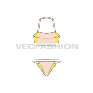 A vector sketch template Womens Beach Bikini Set. It has a three colored bikini with spaghetti straps and matching underwear.