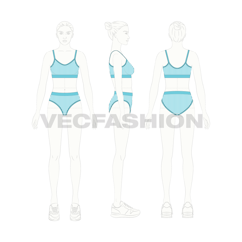 Womens beach bikini set, swim trunks flat sketch, croqui sketch