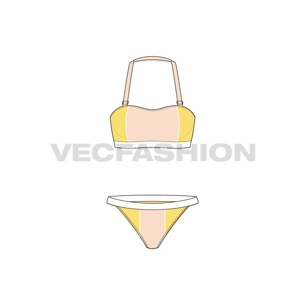 A vector sketch template Womens Beach Bikini Set. It has a three colored bikini with spaghetti straps and matching underwear.