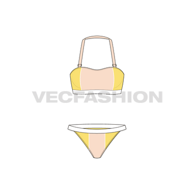 A vector sketch template Womens Beach Bikini Set. It has a three colored bikini with spaghetti straps and matching underwear.