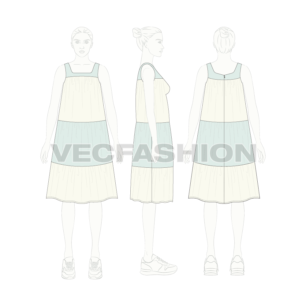 Womens beach midi dress flat sketch, croqui sketch