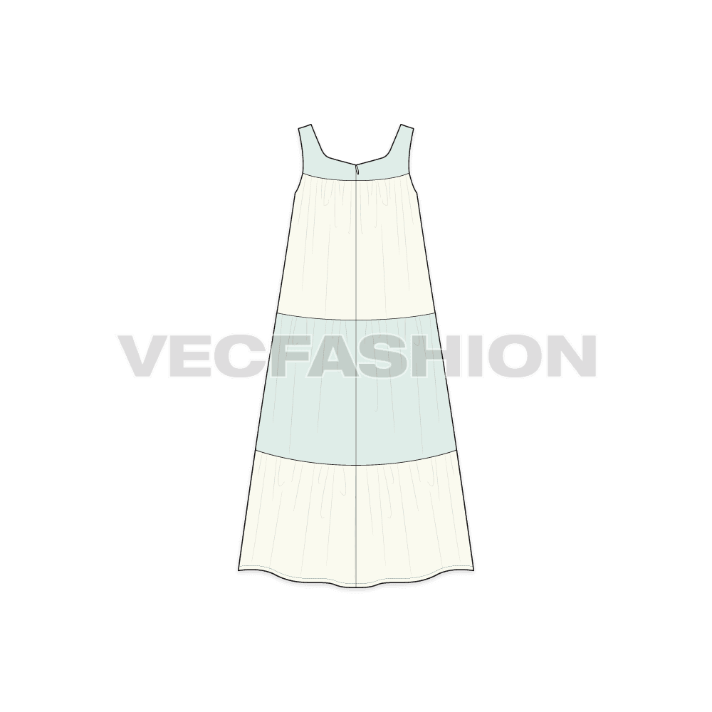 Womens beach midi dress flat sketch, back view