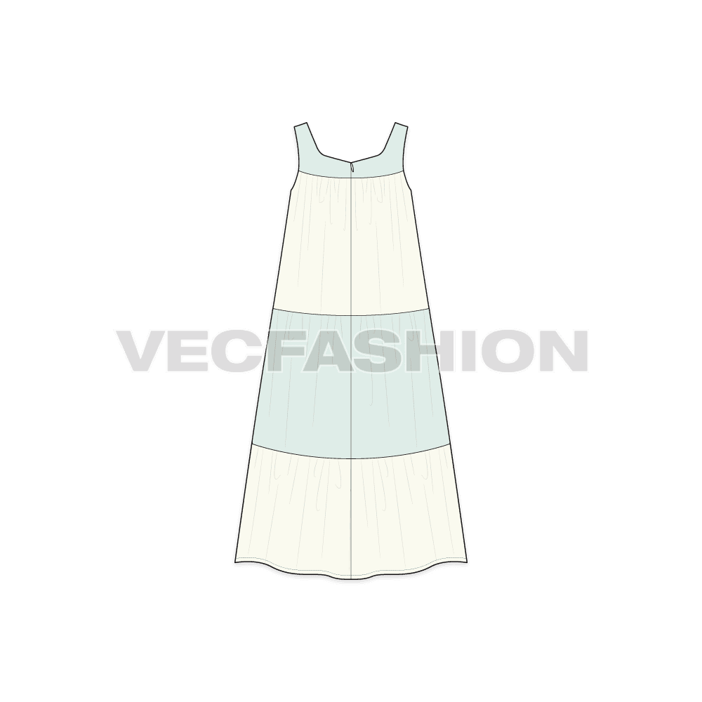 A vector template for Women Beach Midi Dress. It has yoke on top attached with shoulder straps. It has gathers starting from top edge and base of the front and back yokes.
