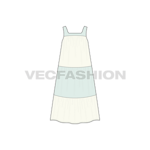 A vector template for Women Beach Midi Dress. It has yoke on top attached with shoulder straps. It has gathers starting from top edge and base of the front and back yokes.