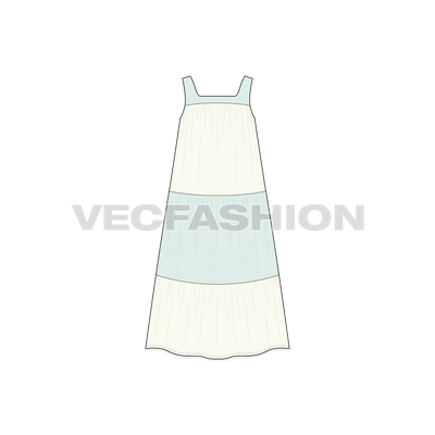 A vector template for Women Beach Midi Dress. It has yoke on top attached with shoulder straps. It has gathers starting from top edge and base of the front and back yokes.