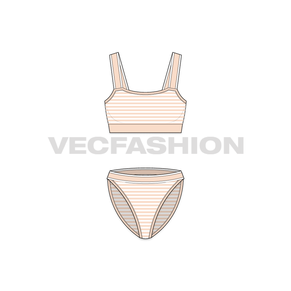 Womens beachwear bikini set, striped flat sketch, front view