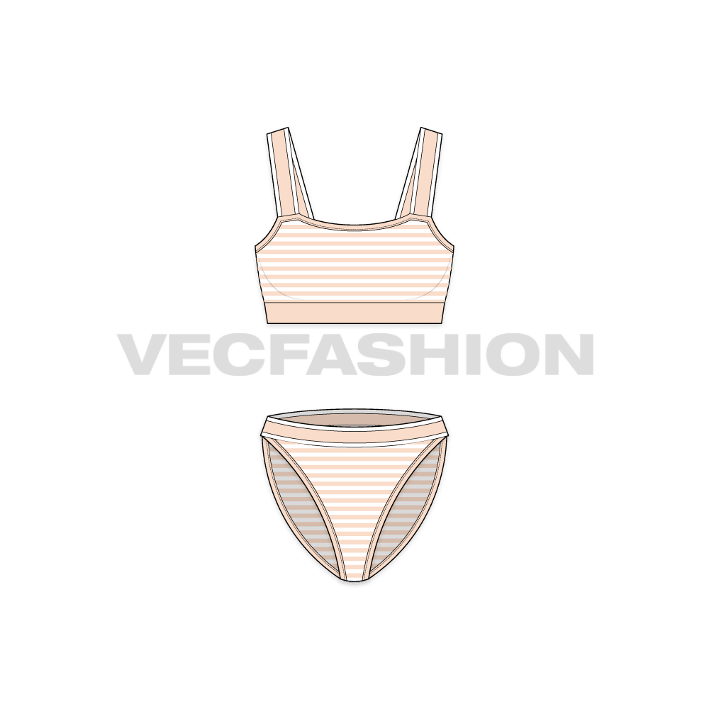 A vector fashion sketch template for Womens Beachwear Bikini Set. It is colored in striped fabric with straps on shoulder and around the waist of briefs