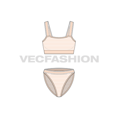 A vector fashion sketch template for Womens Beachwear Bikini Set. It is colored in striped fabric with straps on shoulder and around the waist of briefs