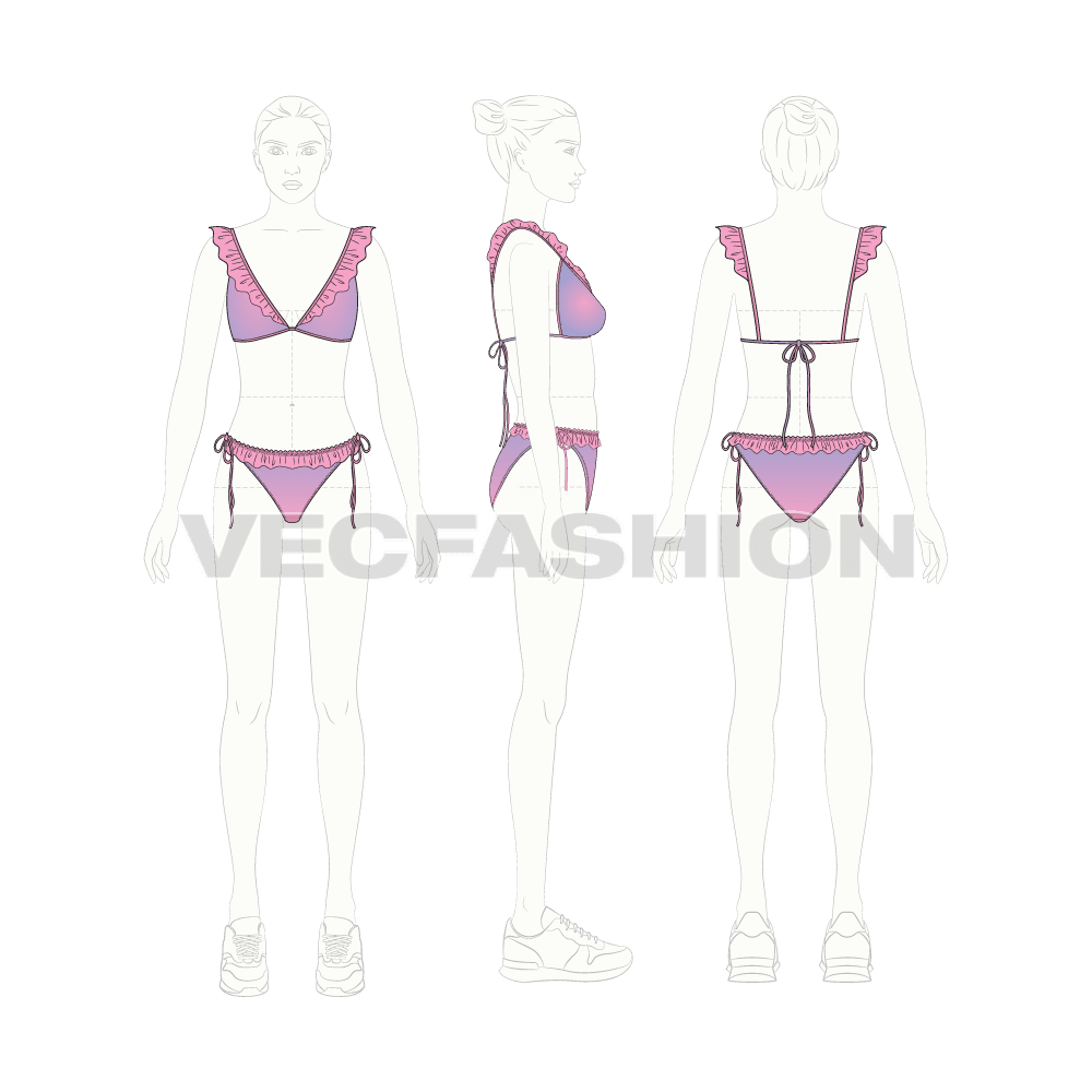 Womens beachwear bikini set, ruffle tassel flat sketch, croqui sketch