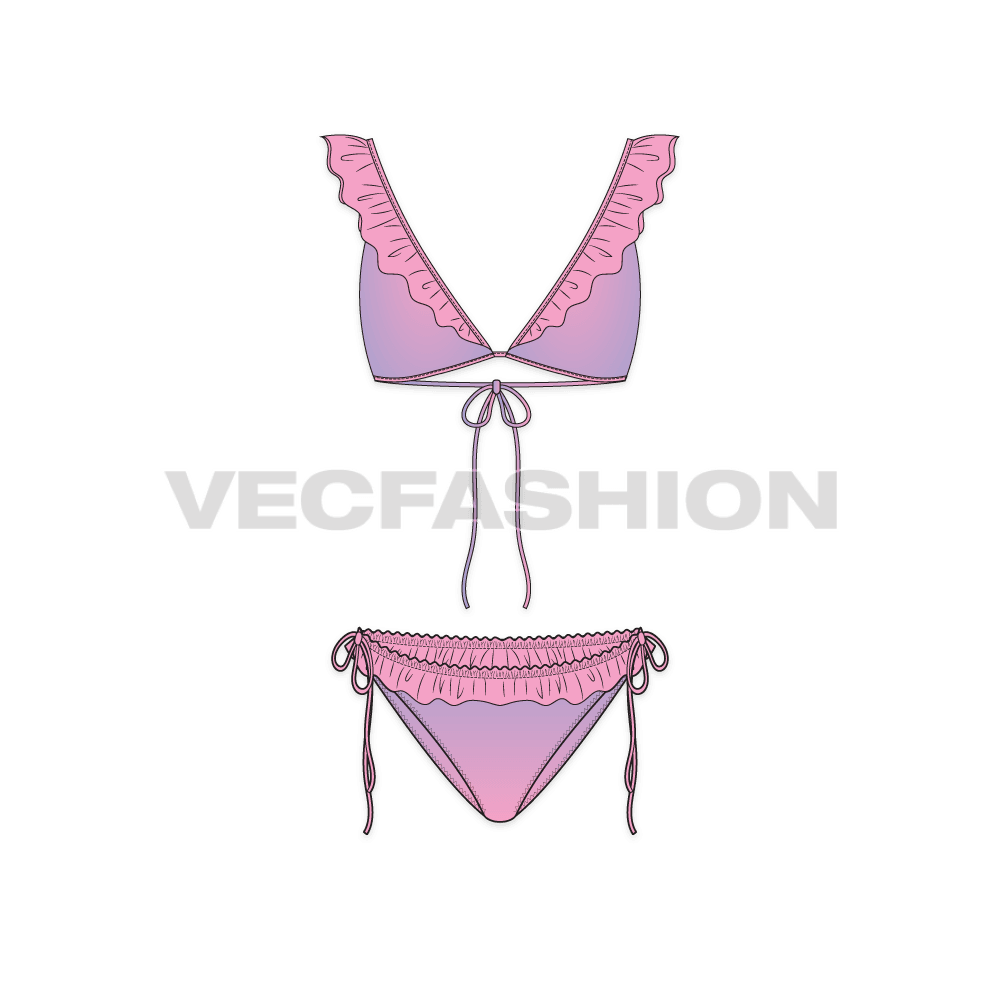 Womens beachwear bikini set, ruffle tassel flat sketch, front view