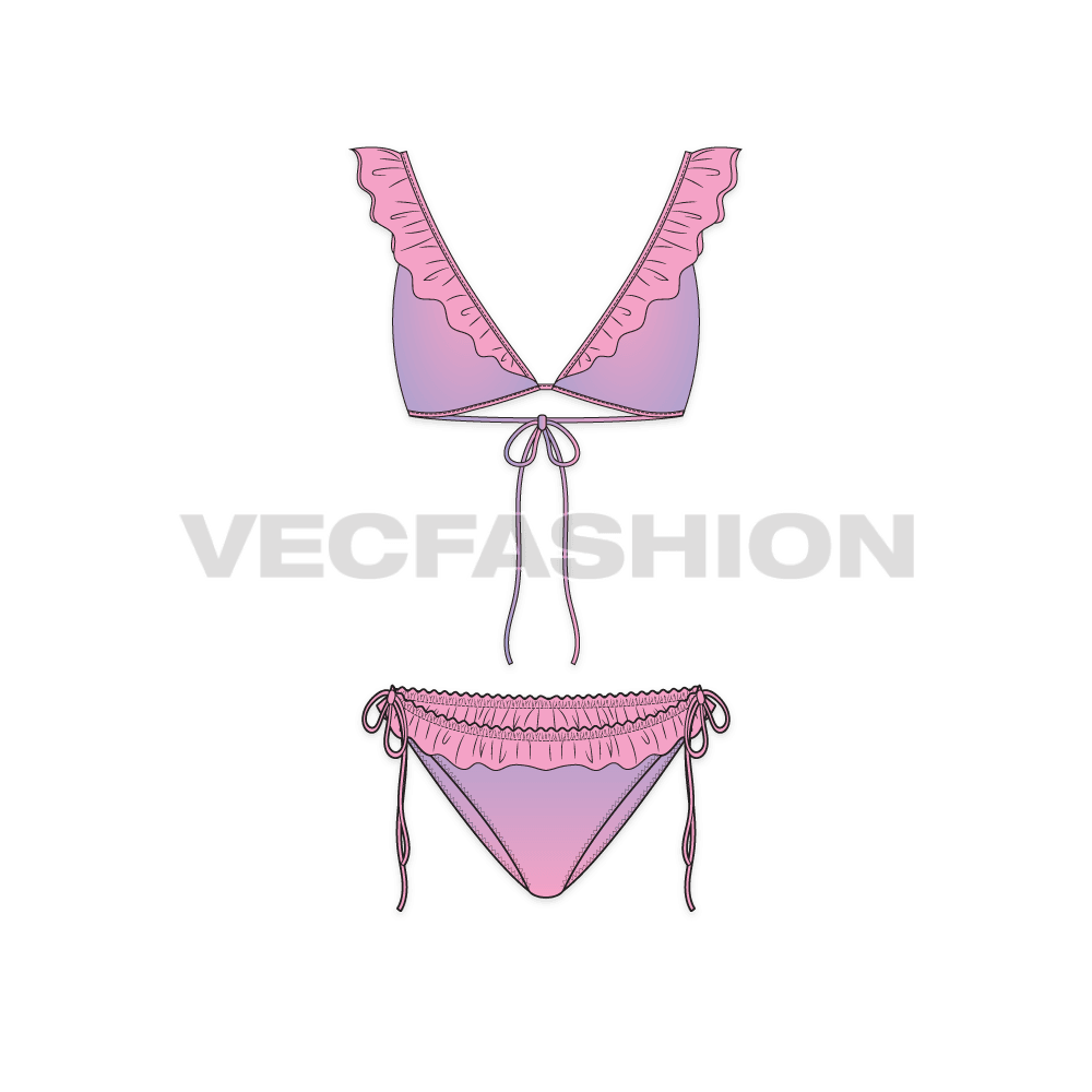 A vector template for Women's Beachwear Bikini Set. It is a two piece bikini set with shaded or two tone printed fabric. There is ruffles and tassels details at bikini and brief.