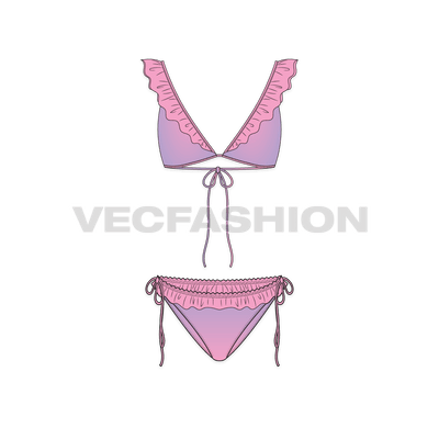 A vector template for Women's Beachwear Bikini Set. It is a two piece bikini set with shaded or two tone printed fabric. There is ruffles and tassels details at bikini and brief.