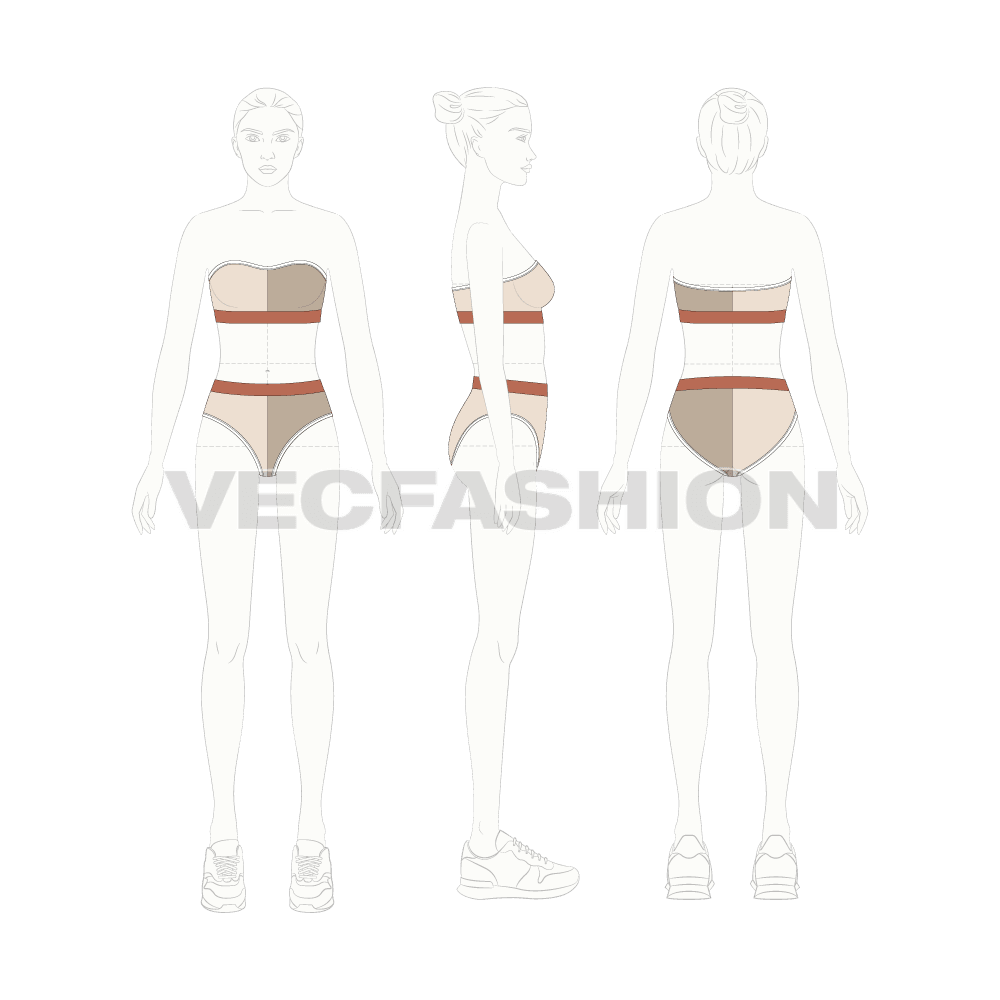 Womens beachwear bikini set, strapless flat sketch, croqui sketch