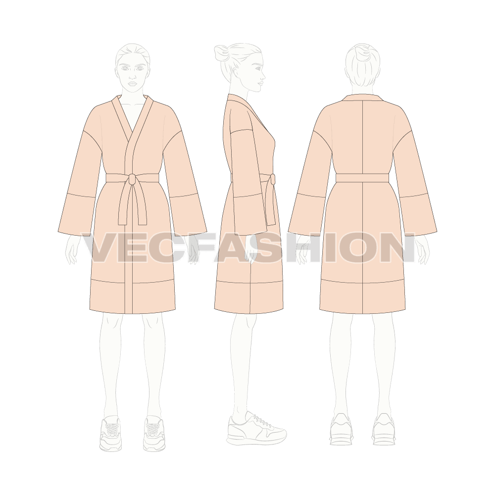 Womens bedtime cover-up flat sketch, croqui sketch
