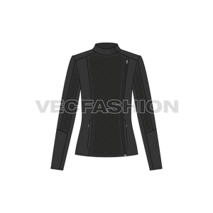 A newly designed Women Black Leather Biker Jacket Vector Fashion Flat, also called as Moto Jacket. This jacket have many Cut Panels on Front, Back and Sleeves. It also have a Classic Diagonal Stitching detail to give it a padded look.