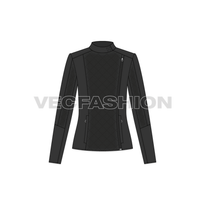 A newly designed Women Black Leather Biker Jacket Vector Fashion Flat, also called as Moto Jacket. This jacket have many Cut Panels on Front, Back and Sleeves. It also have a Classic Diagonal Stitching detail to give it a padded look.