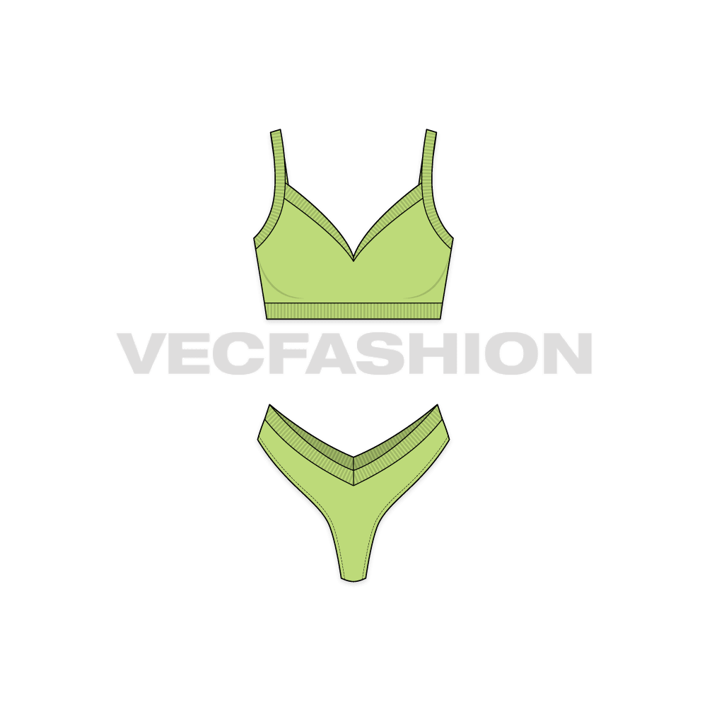 A vector template for Women's Bikini Swim Set. It has the latest V cut on the bottoms and a thick knitted rib around the top edge of Bikini and shorts.