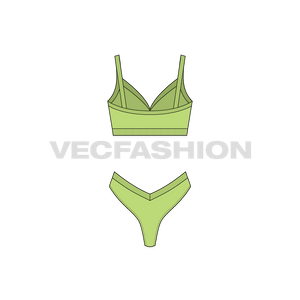 A vector template for Women's Bikini Swim Set. It has the latest V cut on the bottoms and a thick knitted rib around the top edge of Bikini and shorts.
