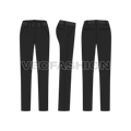 Womens black cotton pants flat sketch, showing all views, front, side and back