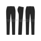 Womens black cotton pants flat sketch, showing all views, front, side and back