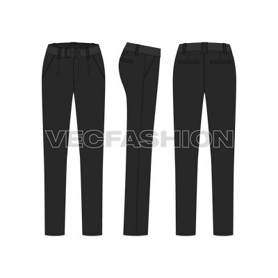 A vector fashion sketch for Women's Black Cotton Pants. It is a very stylish product sketch with a sleek cut on the legs. The waistband is a bit wide and have darts detailing. It comes with a belt with press buckle. 